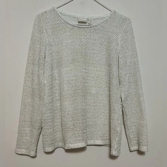 Chico's white gold long sleeve open knit sweater Sz 1 Medium - Picture 9 of 16